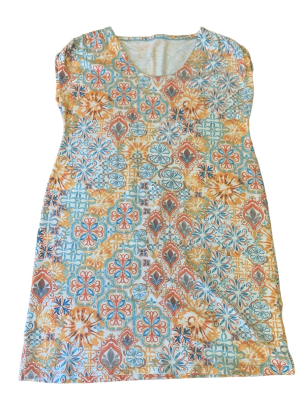 T by Talbots Dress Medium Orange and Blue Print shortsleeved